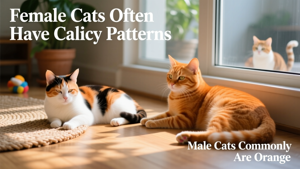 Close-up of a calico cat resting peacefully beside a vibrant orange tabby, illustrating the common coat-color associations with female and male cats