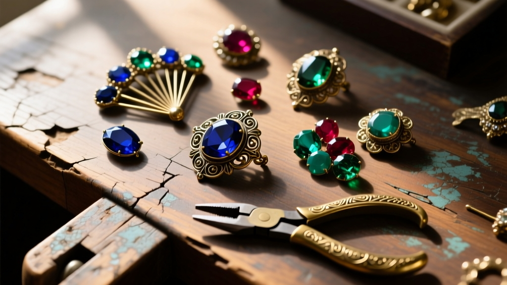 Overhead flat lay of tarnished Victorian brooches, loose cabochon stones, and brass pliers on a scarred wooden jeweler's workbench.