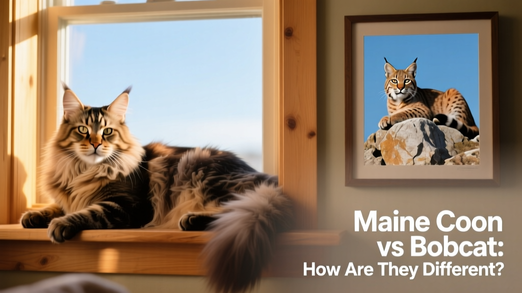 A Maine Coon lounging peacefully on a sunlit windowsill next to a wildlife photo of a bobcat resting on a rocky outcrop