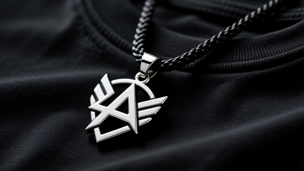 Close-up of a stainless steel Linkin Park soldier logo pendant on a thick rope chain, resting on a black graphic tee, moody light