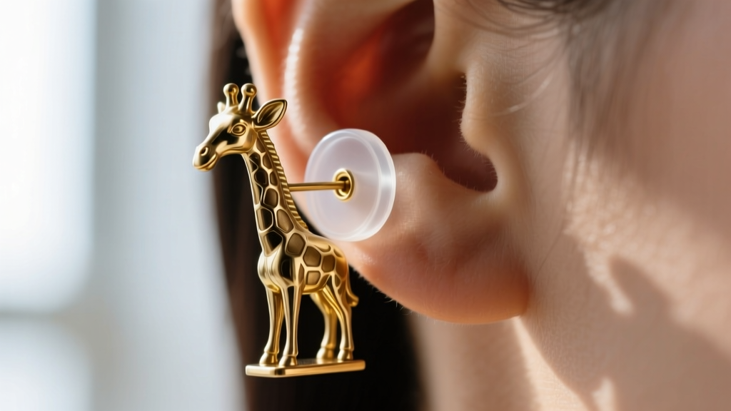 Macro shot of a clear silicone earring support patch applied behind a heavy brass giraffe stud to prevent earlobe drooping