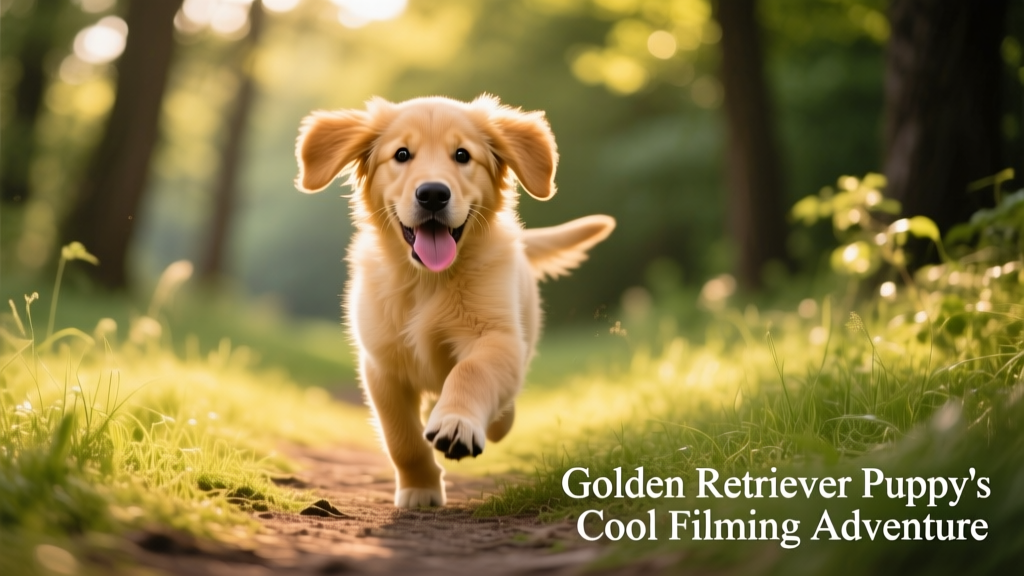Golden Retriever puppy mid-stride on a sunlit grassy trail, tongue out and ears flying