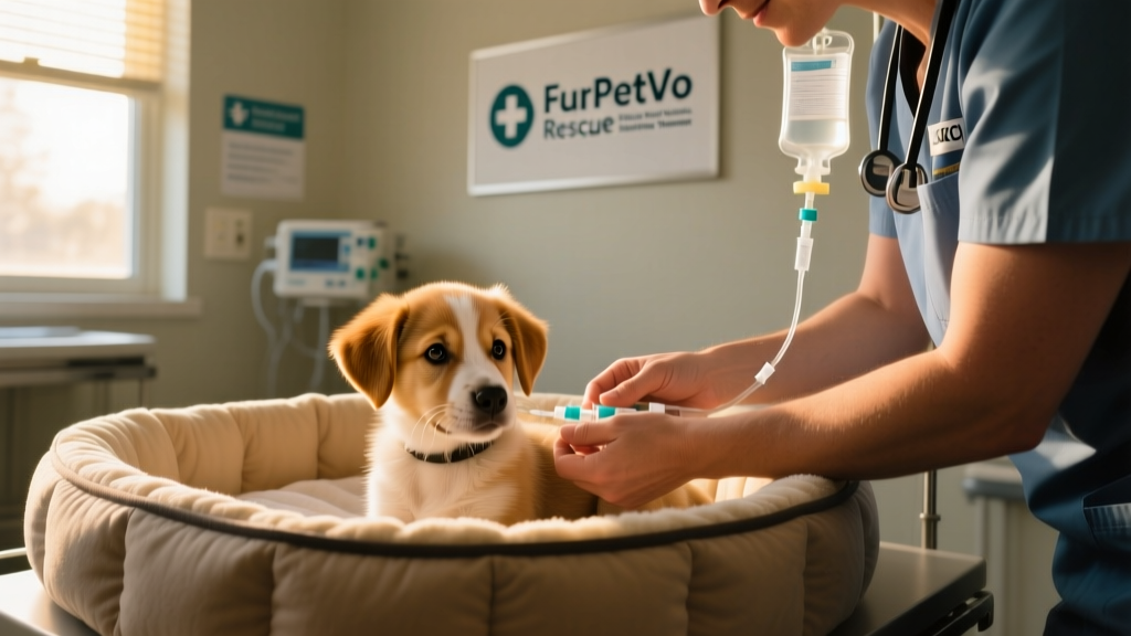 A FurPetVo ICU technician carefully administering IV fluids to a small, alert puppy in a warm, padded kennel