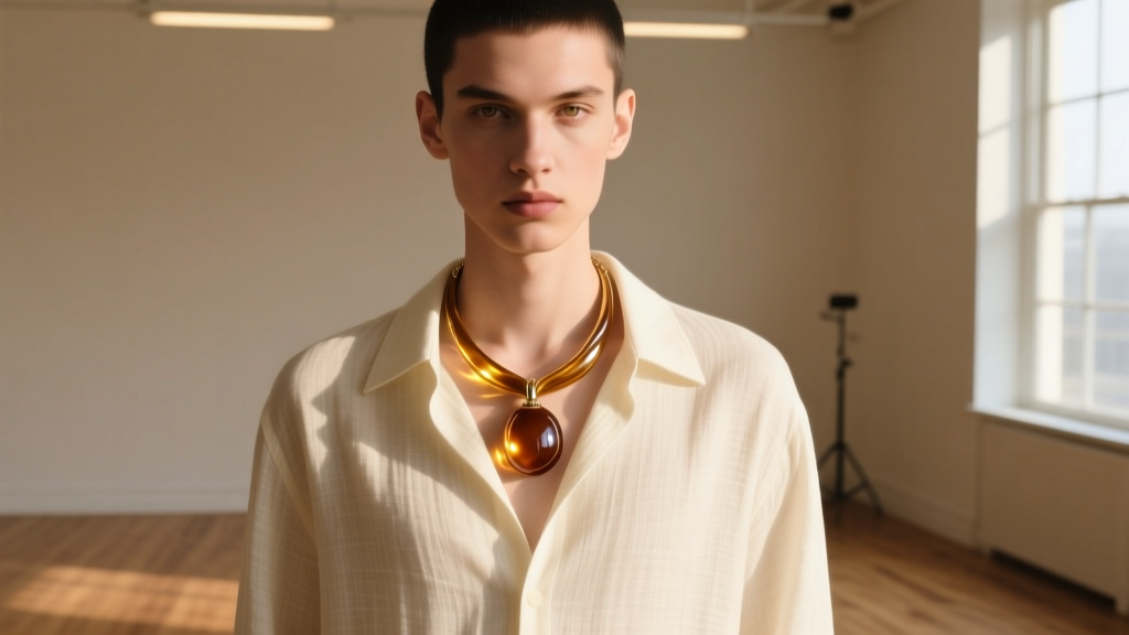 Person wearing a polished resin-dipped buckeye necklace over a cream linen shirt, warm sunlight highlighting the glossy finish