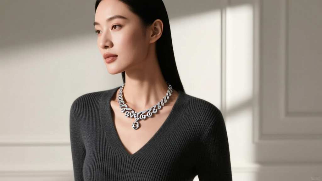 Woman wearing a Bvlgari silver necklace over a V-neck charcoal sweater, highlighting bright metallic shine against dark fabric