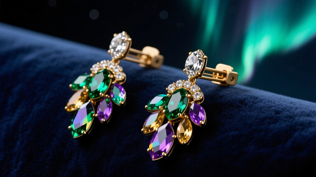 1950s aurora borealis rhinestone clip-on earrings on dark velvet, showing iridescent glass facets and brass paddle-back hardware.