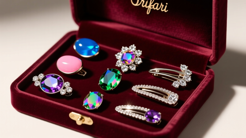 Velvet box revealing rhodium-plated Trifari jelly belly brooches and aurora borealis rhinestone clips under warm studio lighting.