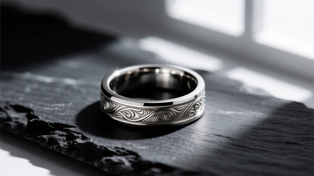 Macro shot of an oxidized silver ring on dark slate, showing contrast between blackened recesses and bright polished metal edges.