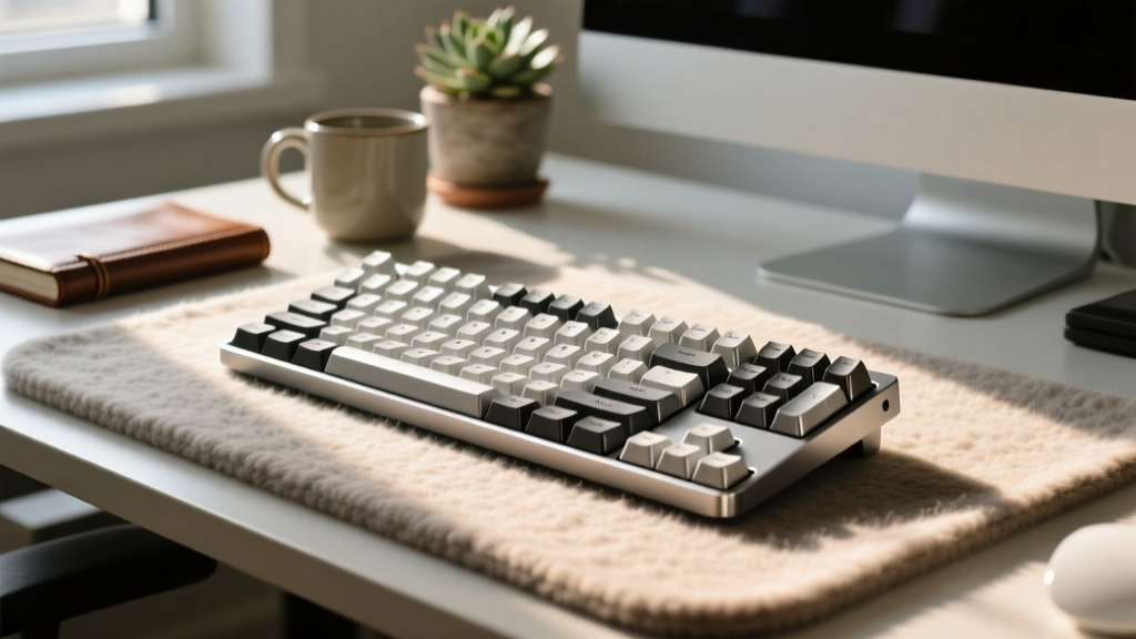 Close-up of a CNC machined aluminum mechanical keyboard resting on a thick merino wool desk mat in a sunlit home office