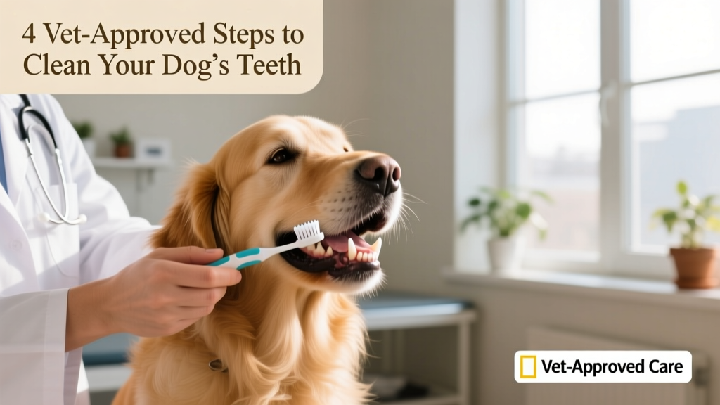 Close-up of a veterinarian gently brushing a calm dog's teeth with a soft-bristled canine toothbrush