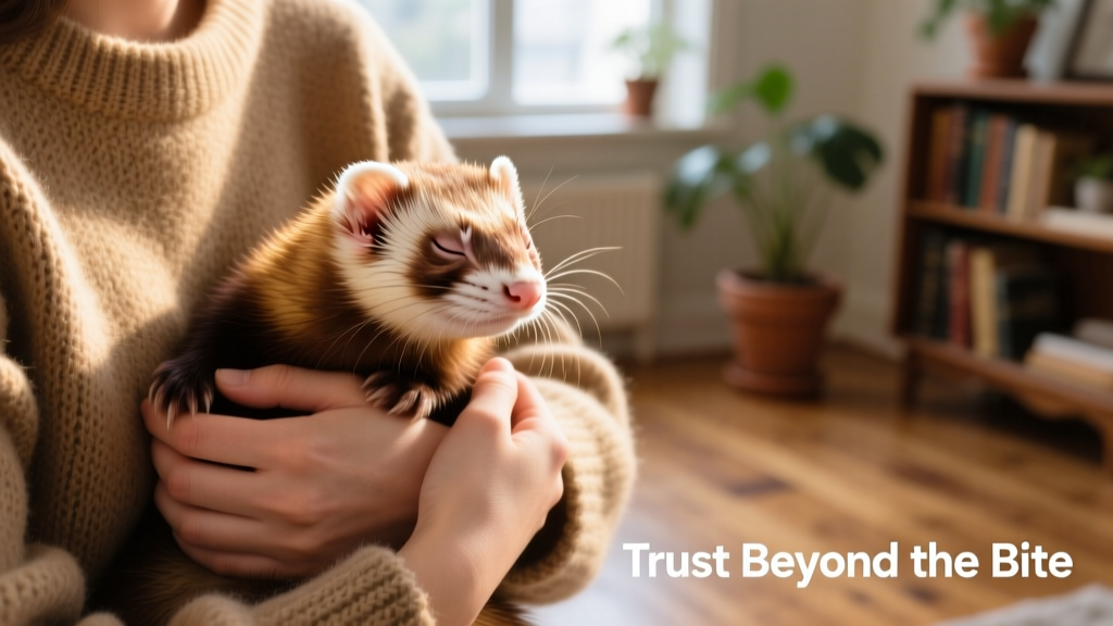A calm, confident ferret being held securely in two hands, head resting gently against a person's chest, eyes half-closed in trust