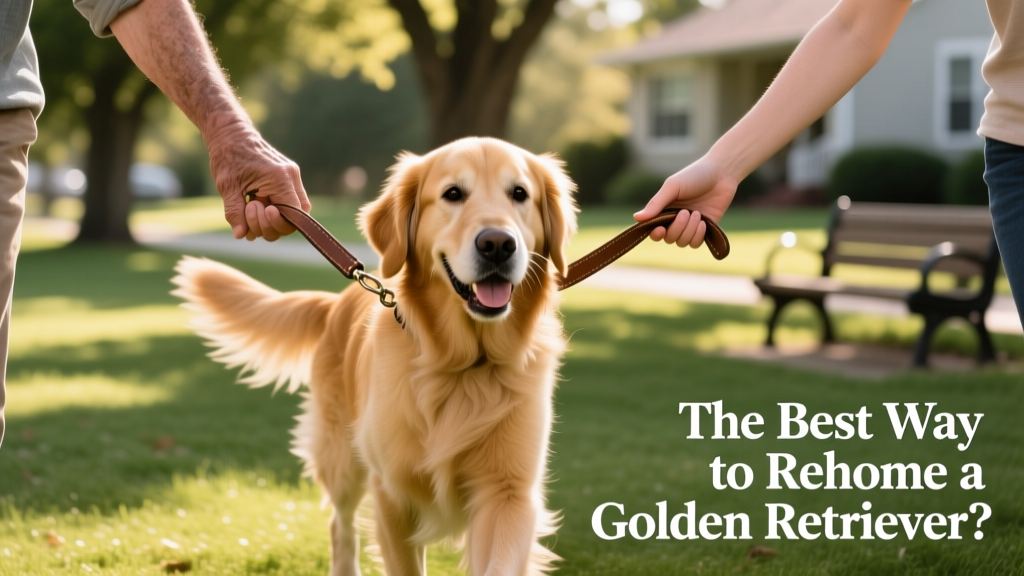 Two hands—one belonging to the original owner, one to the new adopter—gently holding a Golden Retriever’s leash together during a meet-and-greet walk