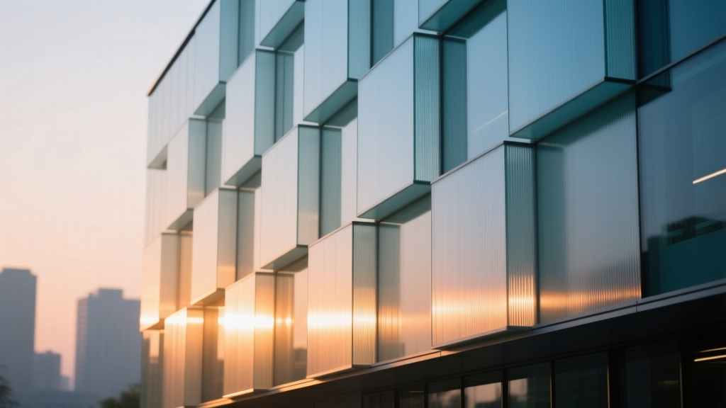 Modern facade with interlocking U-glass channel panels and multiwall polycarbonate sheets glowing with soft diffused daylight at dusk