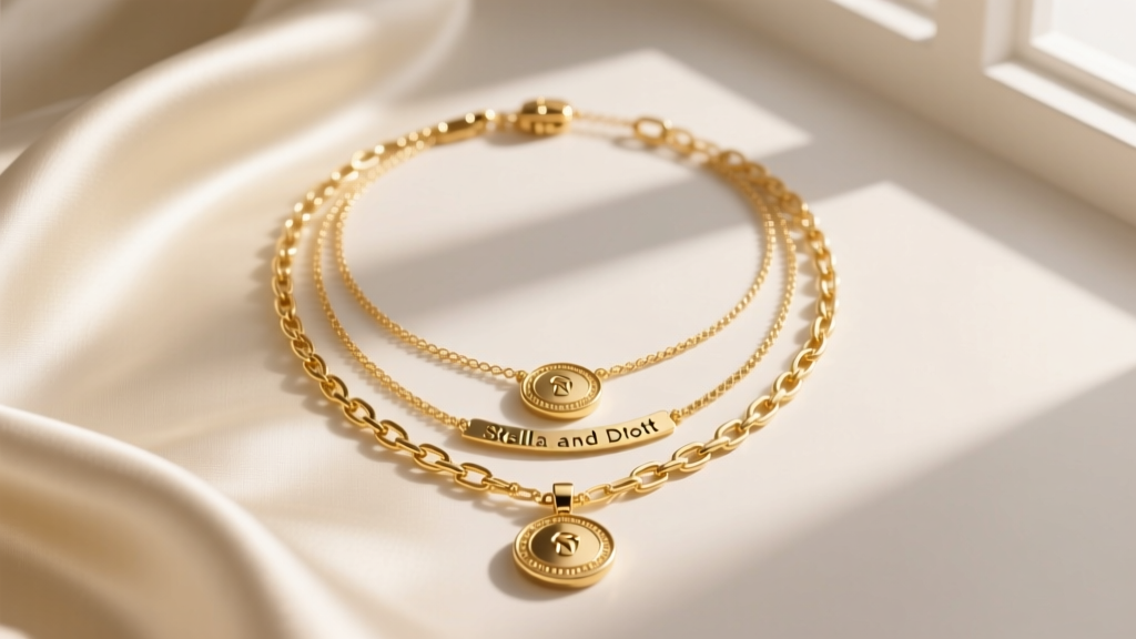 Gold-plated Stella and Dot layered necklace set on cream silk fabric, illuminated by soft, diffused natural window light