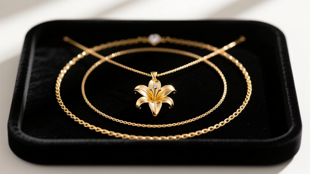 Flat lay of three layered gold necklaces of varying lengths featuring a floral lily pendant on a dark velvet jewelry display tray
