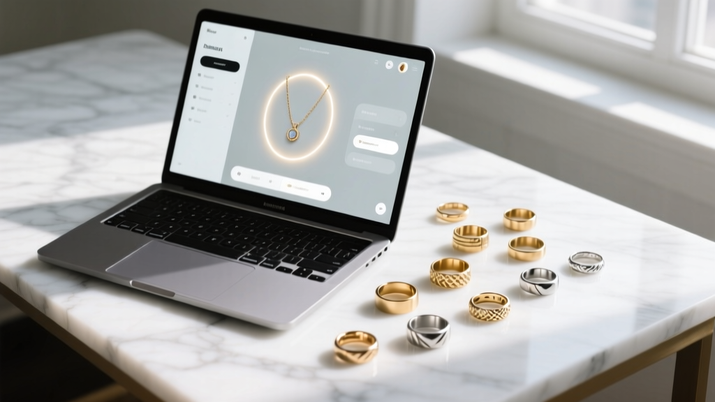 Overhead view of a laptop showing a jewelry dashboard beside scattered brass and stainless steel rings on a white marble desk.