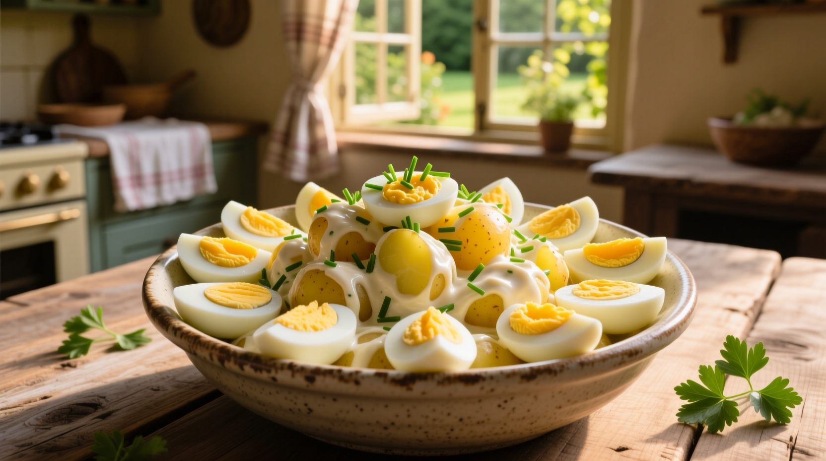 Creamy potato salad with sliced hard-boiled eggs