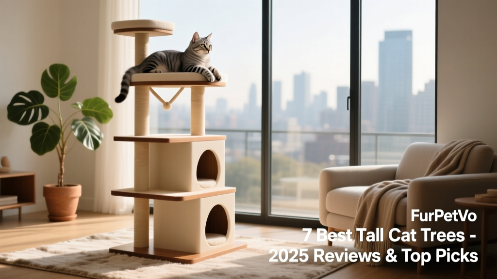 A sleek, multi-level FurPetVo cat tree in a sunlit living room, with a cat resting on a top perch