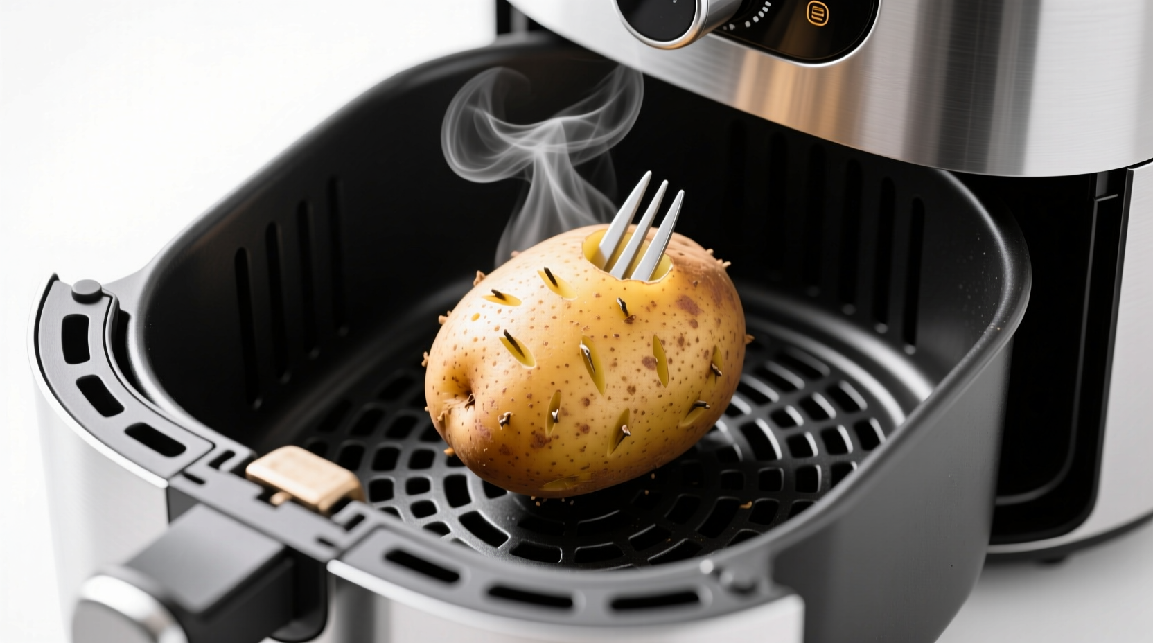 Weeknight dinner context: Russet potato in air fryer basket showing steam vents from fork pricks preventing bursting versus foil-wrapped oven method