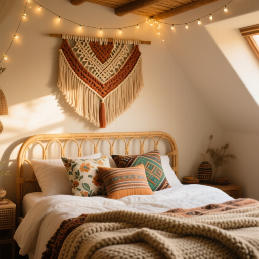 Bohemian bedroom with macrame wall hanging and layered textiles