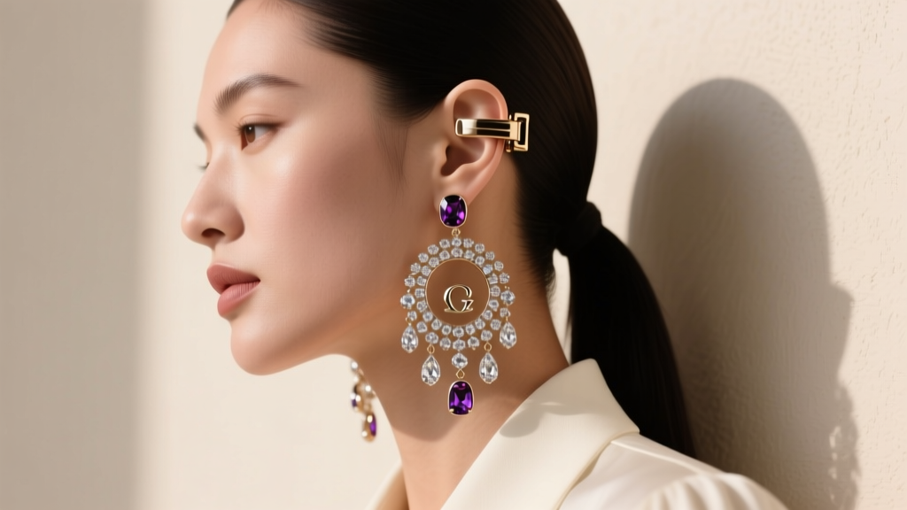 Side view of a model wearing heavy Dolce Gabbana chandelier earrings with an omega clip, highlighting reinforced ear lobe support.