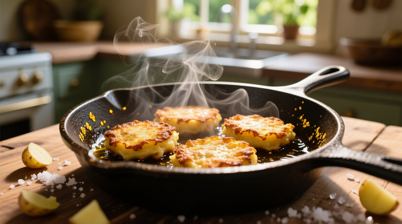Golden brown potato cakes sizzling in cast iron skillet