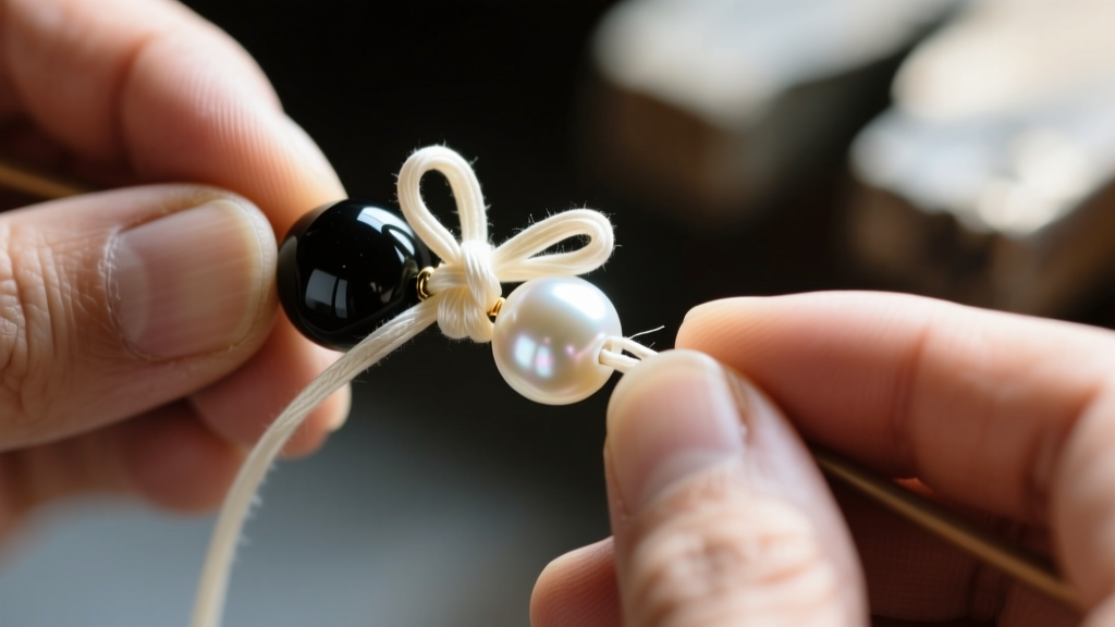Macro view of a jeweler tying a silk knot between an onyx bead and a pearl, showing professional stringing and precise bead gaps