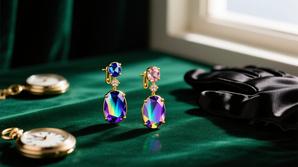 Flat lay of ornate 1950s Kramer gold-tone clip-on earrings with aurora borealis rhinestones on a dark emerald velvet backdrop