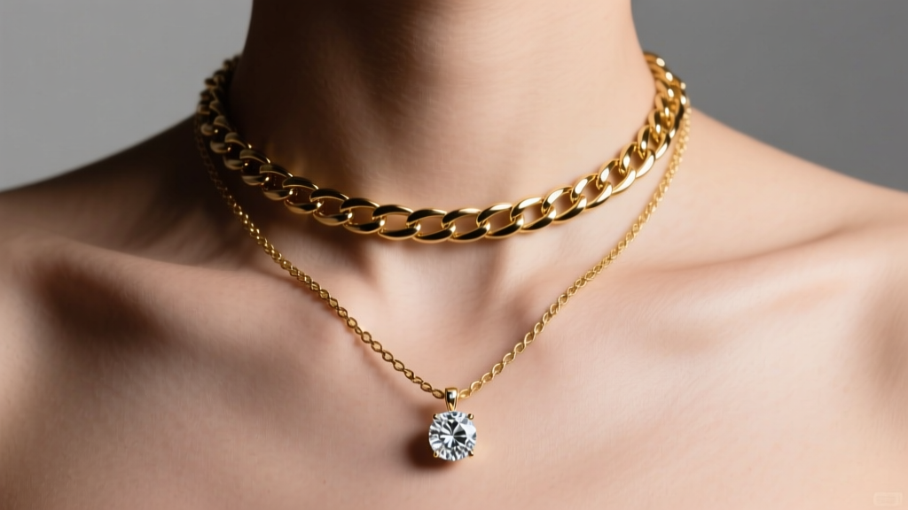 Macro shot of collarbones wearing a 16-inch gold chain and 18-inch rope chain with a diamond pendant in soft studio lighting