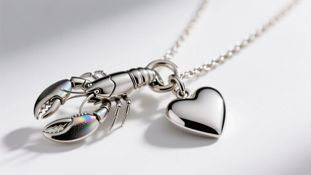 Macro shot of a stainless steel lobster claw clasp and soldered jump ring attached to a delicate cable chain heart necklace.