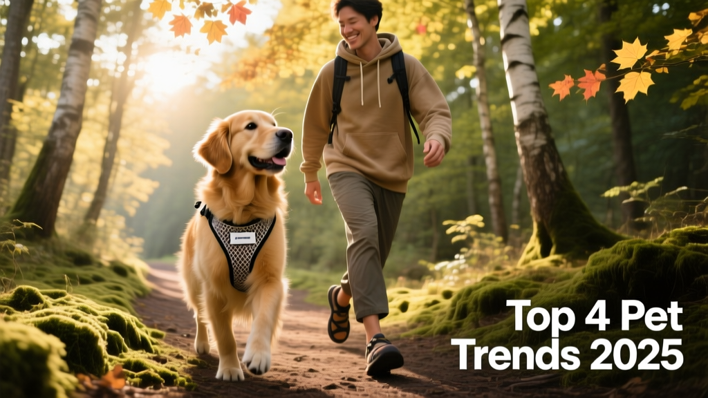 A golden retriever and owner hiking a sun-dappled forest trail, both wearing lightweight summer gear