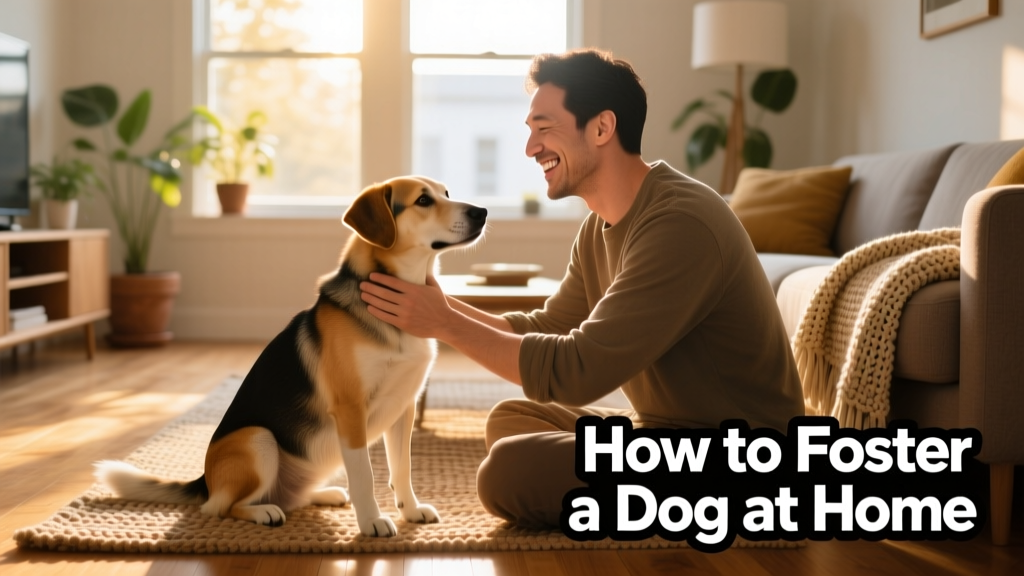 A smiling person gently petting a calm, medium-sized dog in a sunlit living room