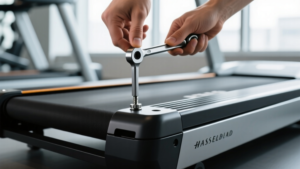 Hands using an Allen wrench to adjust the rear roller bolts on a compact treadmill to fix belt alignment and slipping