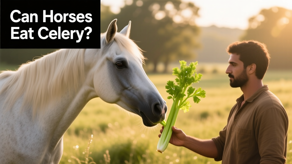 A horse gently taking a small piece of fresh celery from a handler's hand