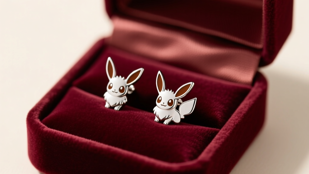 Close-up of open velvet gift box revealing sterling silver Eevee stud earrings with brown hard enamel under soft warm lighting.