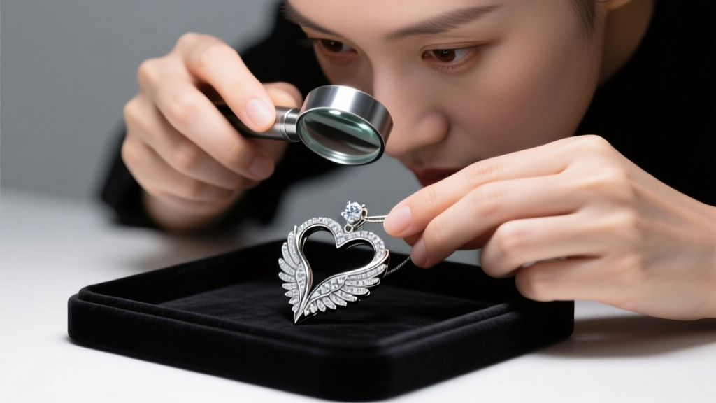 Jeweler inspecting micro-pave diamond settings on the silver wings of a heart pendant using a loupe under bright bench lighting