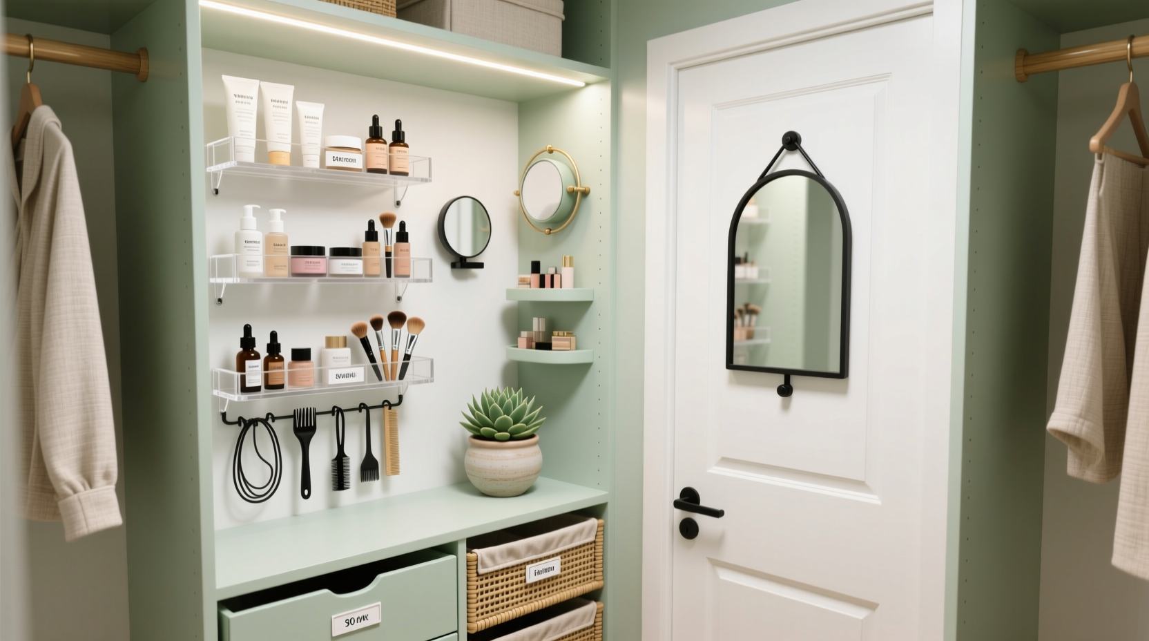 convert linen closet to beauty staging zone