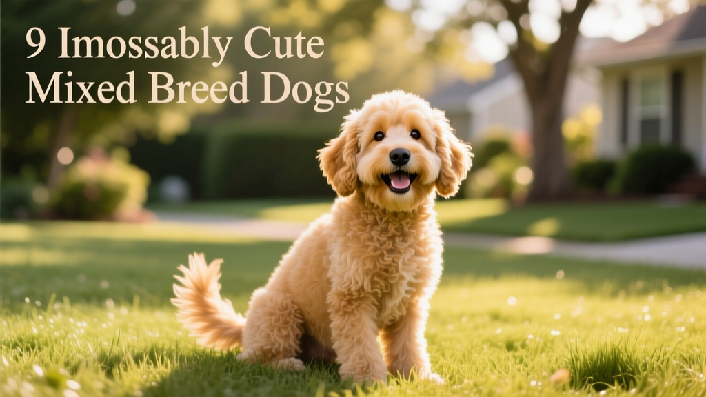A fluffy, smiling Goldendoodle sitting on a sunlit grassy lawn
