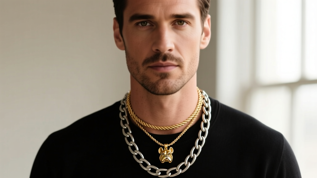 Man wearing a layered necklace stack with a small gold bulldog pendant on a rope chain paired with a thicker Cuban link chain.