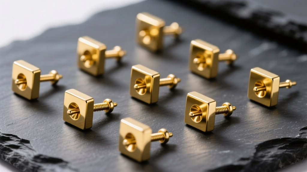 Flat lay of 14k yellow gold square studs with threadless push-pin backs on dark slate, highlighting the bending pin mechanism.