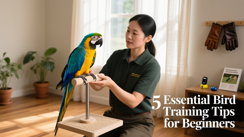 A trainer calmly holding a small, colorful parrot on a dedicated training stand in a quiet room