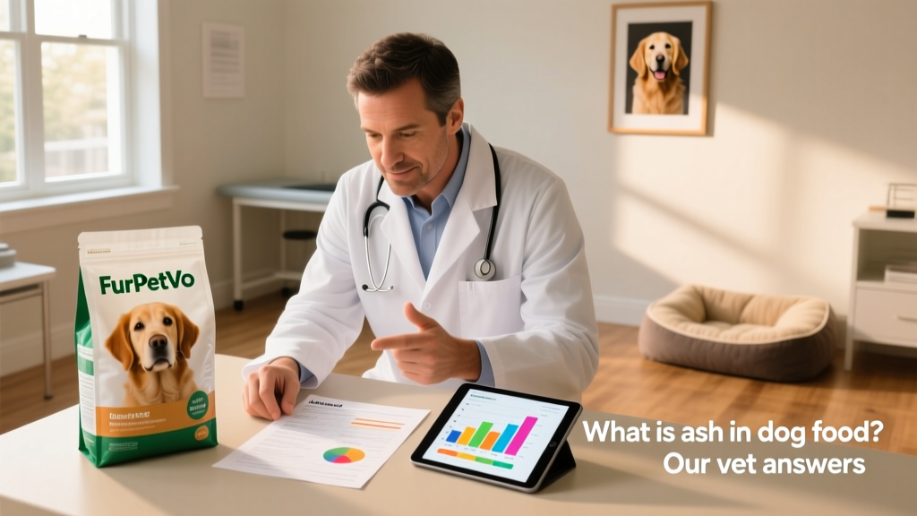 Veterinarian reviewing a lab report alongside a FurPetVo dog food bag and a digital tablet showing nutrient charts
