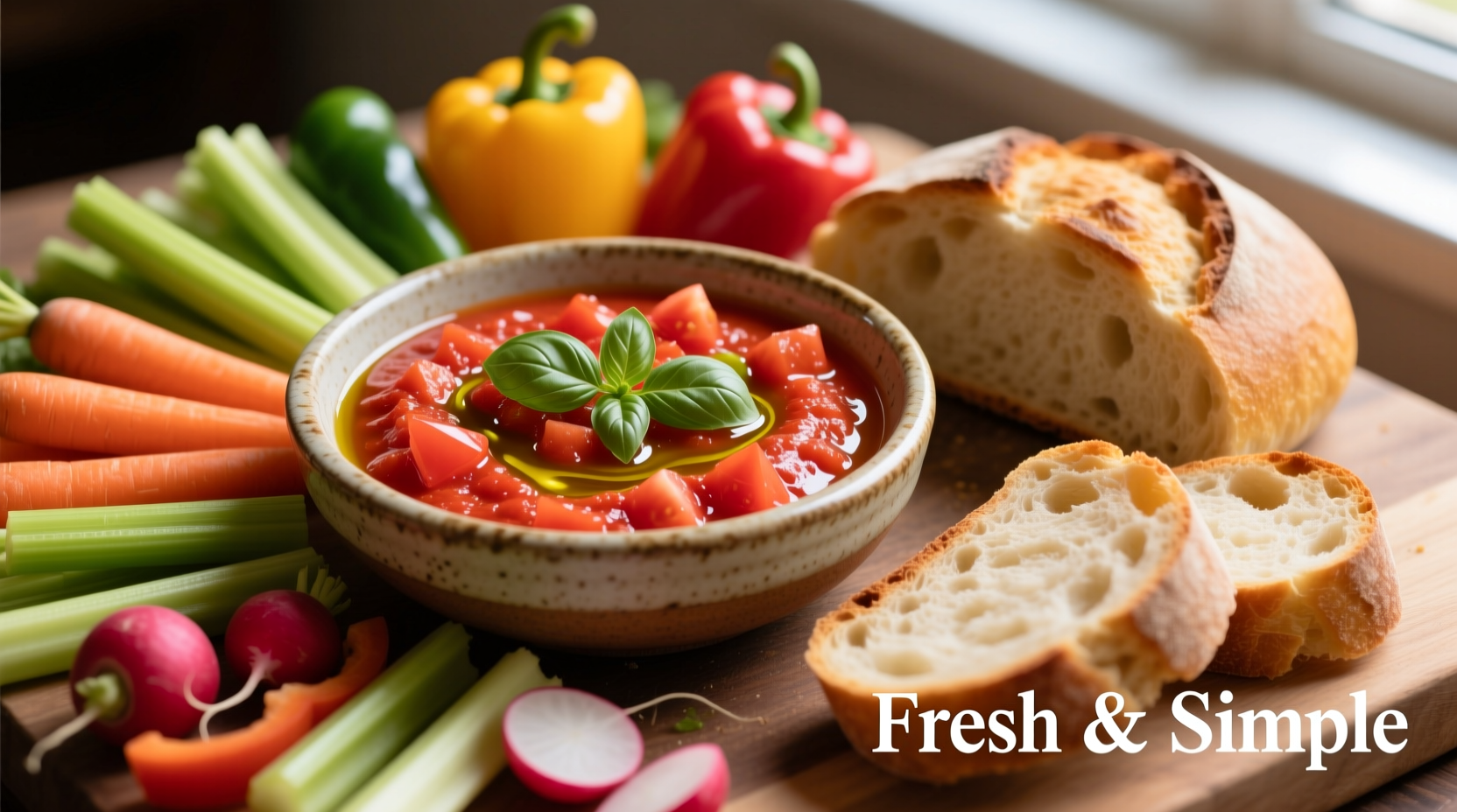 Fresh tomato dip with vegetables and bread