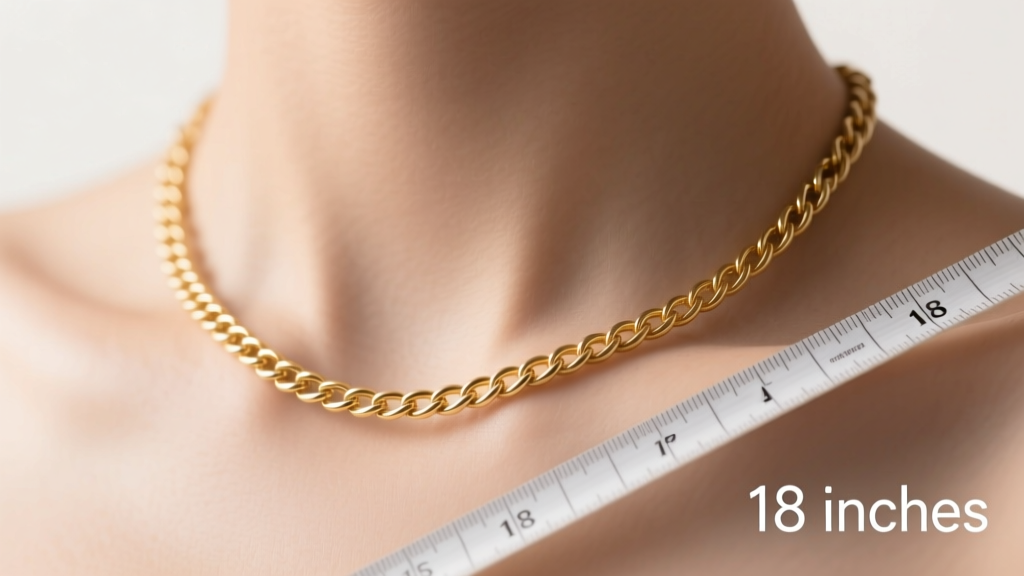 Gold rope chain resting on a collarbone with a measuring tape overlay indicating 18 inches, captured in soft studio lighting.