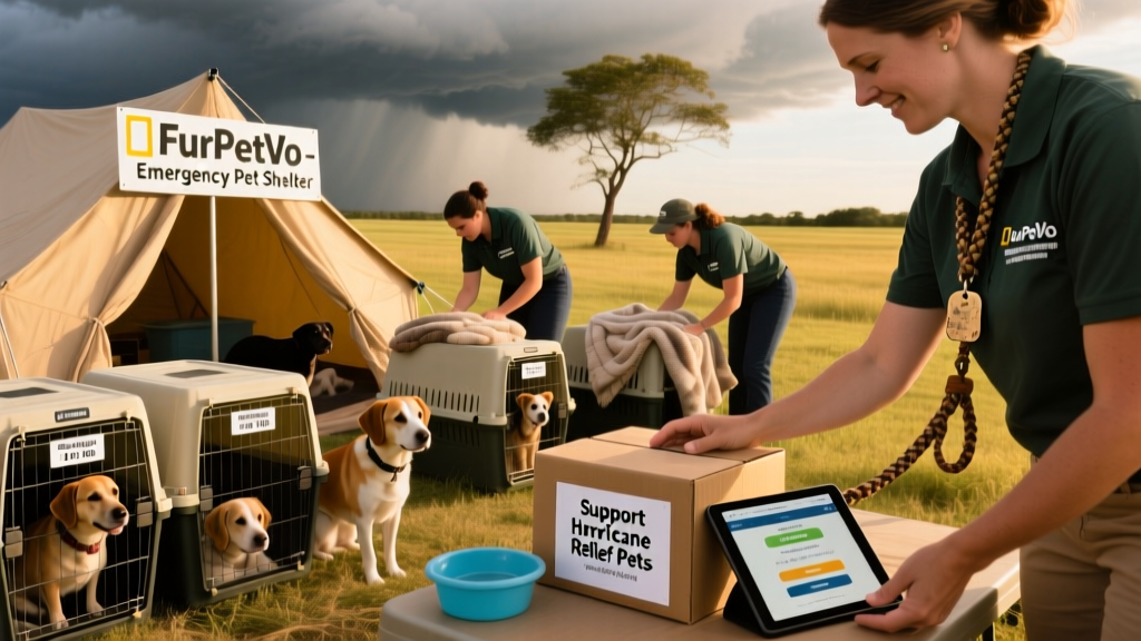FurPetVo volunteer team setting up temporary pet shelter with tents, kennels, and signage