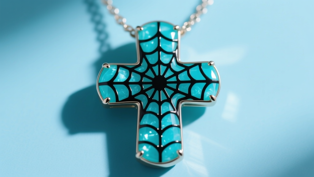 Close-up of a turquoise cross necklace displaying a thick black spiderweb matrix pattern against a bright sky-blue stone background.