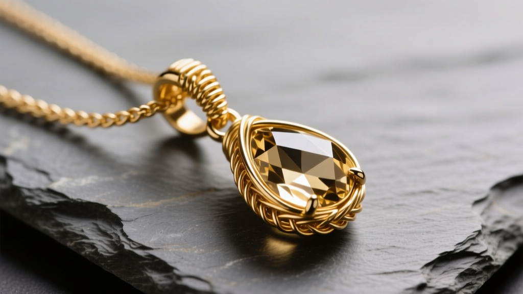 Gold-filled wire-wrapped briolette pendant on slate showing tight 24-gauge weaving wraps near the bail under soft studio lighting.