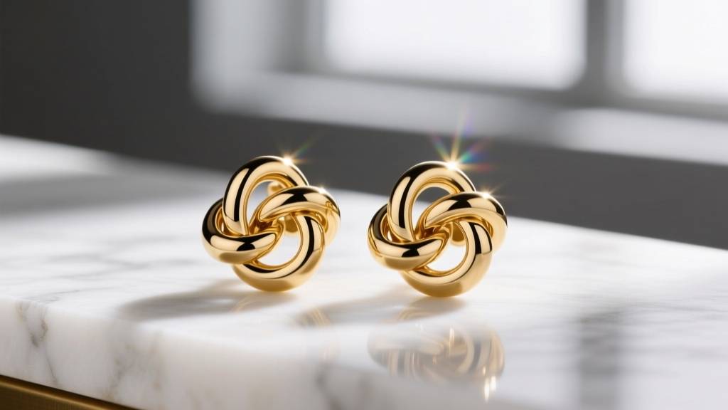 Macro shot of gold-tone Anne Klein knot stud earrings on white marble, showing interlocking metal loops and high polish.
