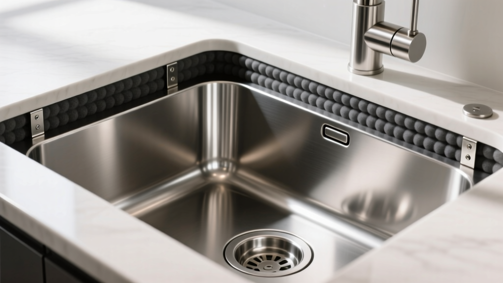 Technical cross-section of 16-gauge stainless steel kitchen sink showing sound deadening pads, chromium layer, and undermount clips