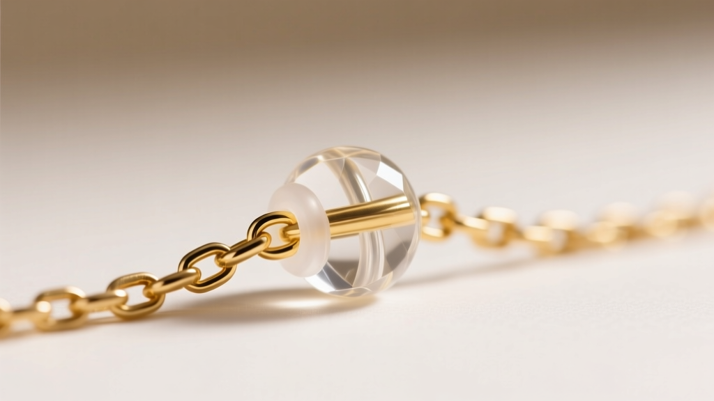 Close up macro shot of a small clear silicone necklace stopper bead securing a delicate eighteen karat gold chain in place